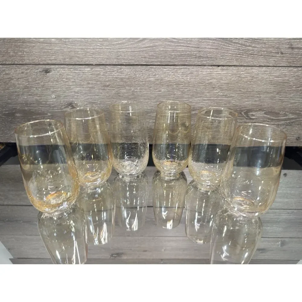 Pier 1 Amber Crackle Glass Tumblers High Ball Glasses 6” Tall~set Of 6